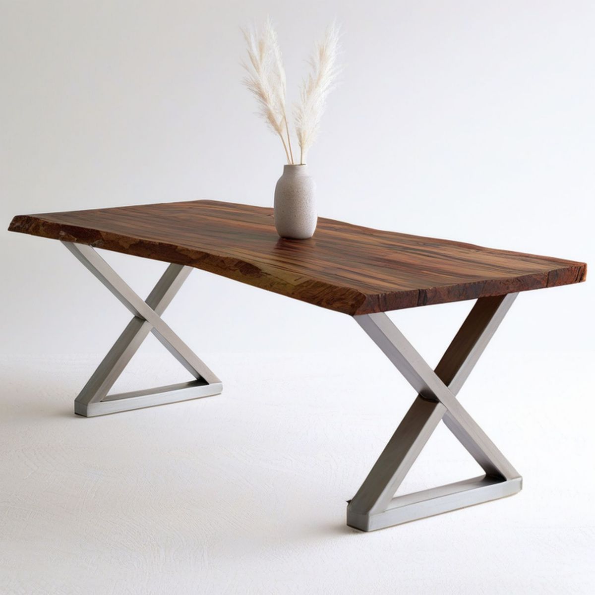 Esstisch aus massivem Akazienholz mit Baumkante, 180 x 90 x 76 cm, Braun/Silber