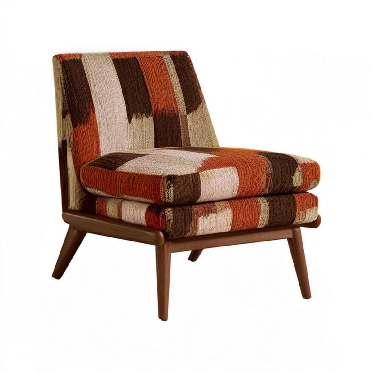 Loungesessel im Mid-Century-Stil, 68 x 76 x 82 cm, Braun/Rot/Beige, Polyester und Massivholz