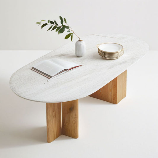 Ovaler Esstisch 180 x 90 x 75 cm in Weiss/Grau/Natur mit Kunststeinplatte und Eichenholzgestell