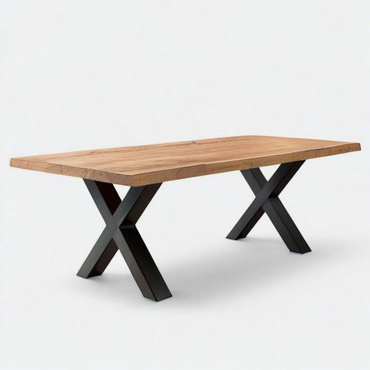 Esstisch aus massiver Eiche mit schwarzen X-Stahlgestellen, 180 x 90 x 75 cm